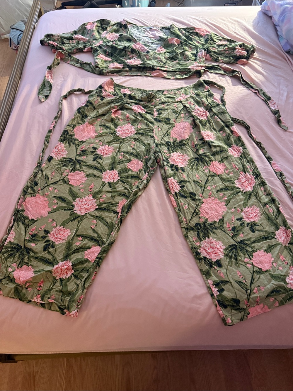 Agua Bendita Green Wide Leg Pants with Pink Floral Print